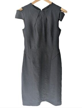 Judith & Charles Navy Blue Linen Blend Keyhole Midi Sheath Dress -8-